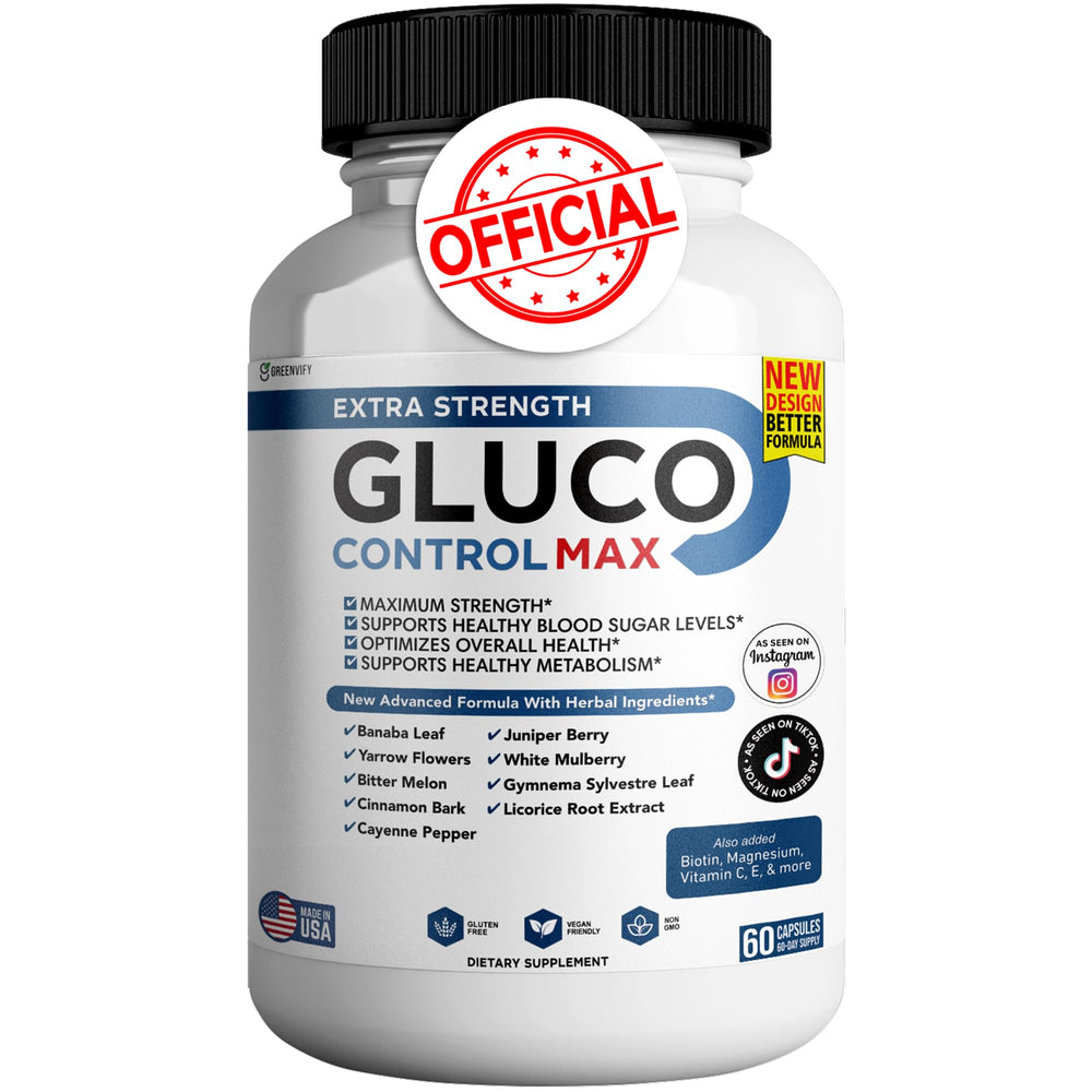 GREENVIFY Gluco Control Max bottle front, highlighting natural ingredients for daily wellness.