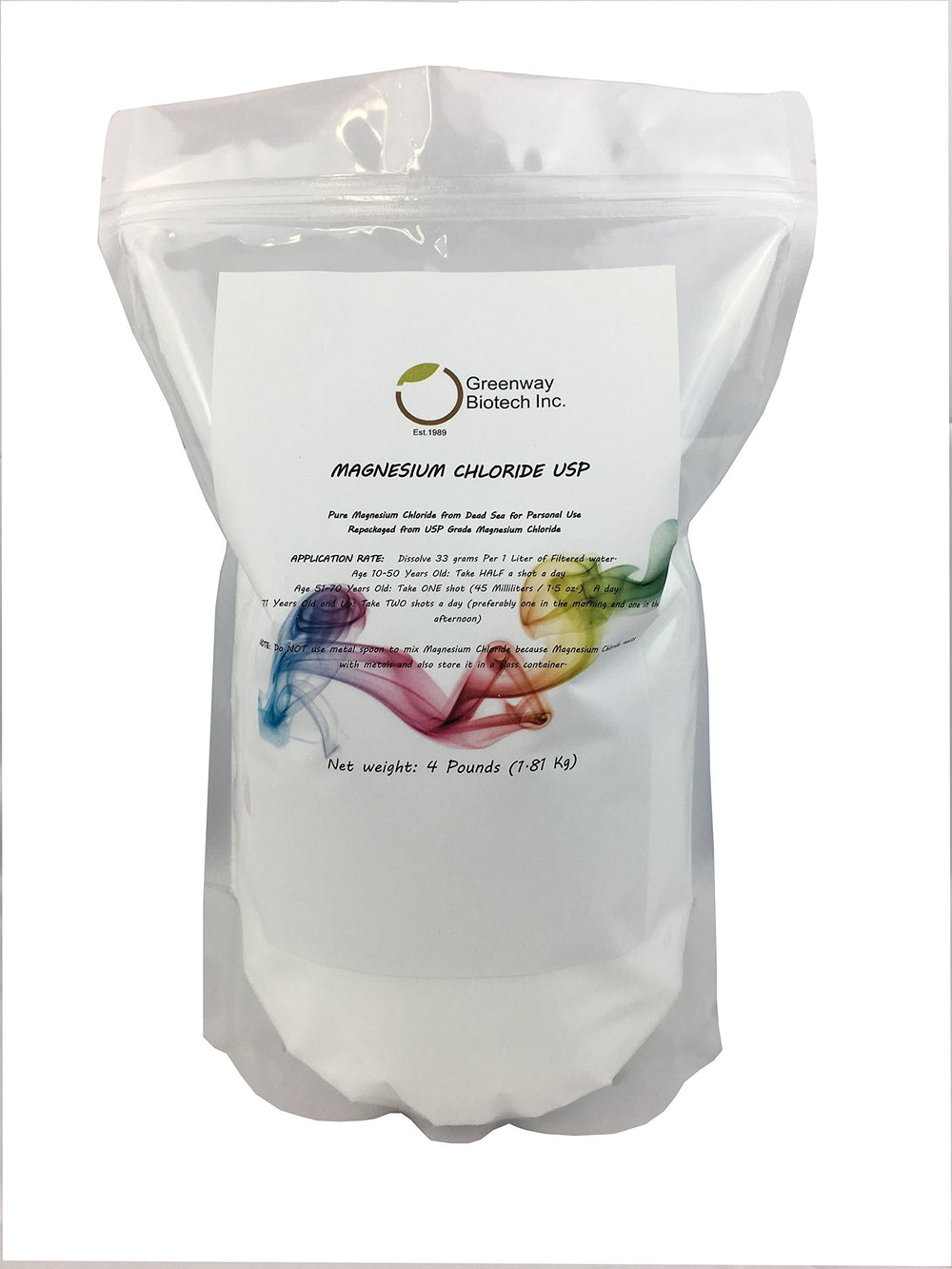 Greenway Biotech magnesium chloride USP powder bottle pouring for easy daily intake.