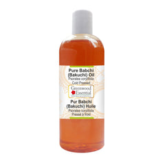 Greenwood Essential Babchi Oil bottle closeup showing pure, potent oil suitable for skin care.