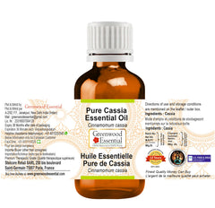 Greenwood Essential Cassia oil label indicating purity and source.