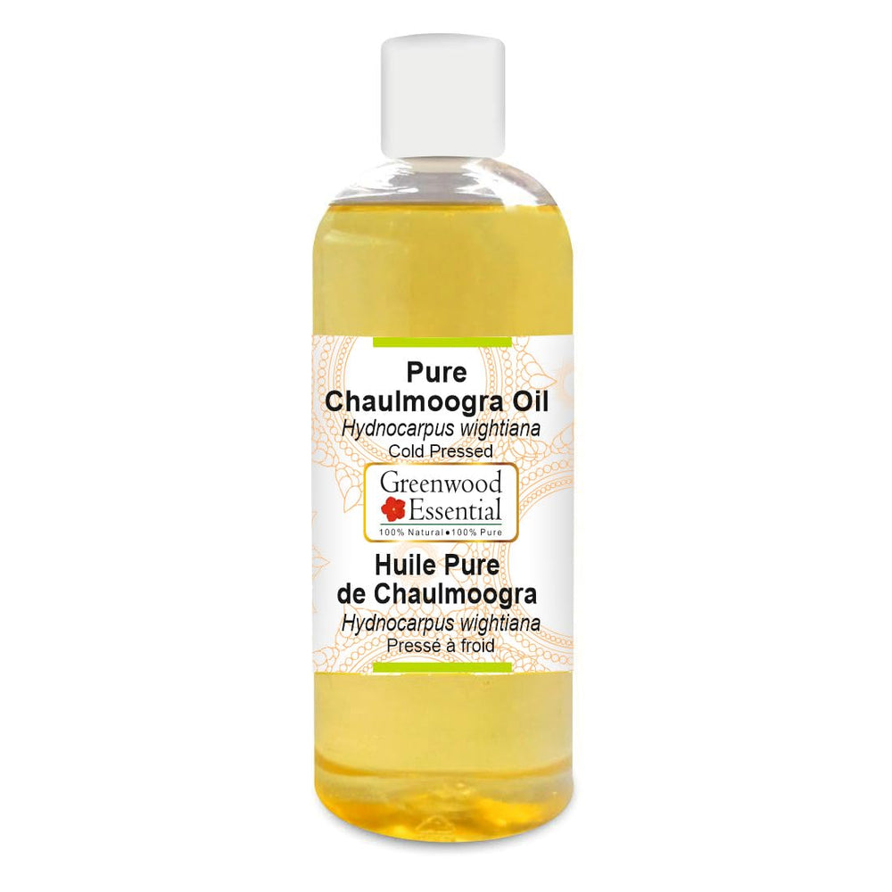 Greenwood Essential chaulmoogra oil bottle 200ml for skin and hair nourishment.