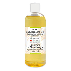 Greenwood Essential chaulmoogra oil bottle 200ml for skin and hair nourishment.