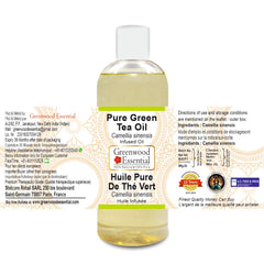 Greenwood Essential Green Tea Oil bottle pour highlighting fast-absorbing texture