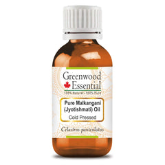 Greenwood Essential Malkangani Oil bottle in amber glass preserves potency for skin and hair care.
