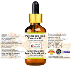 Greenwood Essential Nootka Tree Oil label closeup highlights purity and single-ingredient formula.