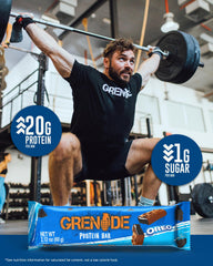 Grenade OREO High Protein Bar vanilla creme layer with protein-rich center detail.