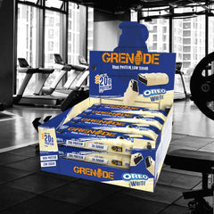 Close-up of Grenade Oreo White bar showing Oreo chunks and white chocolate twist