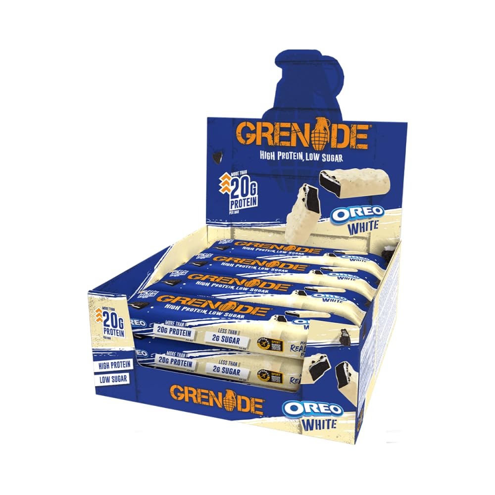 Grenade Oreo White protein bar pack shot with real Oreo pieces for post-workout fuel