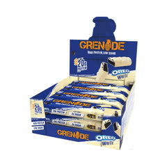 Grenade Oreo White protein bar pack shot with real Oreo pieces for post-workout fuel