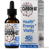 Greska's Carbon-60 bottle label highlights purity and solvent-free formula.