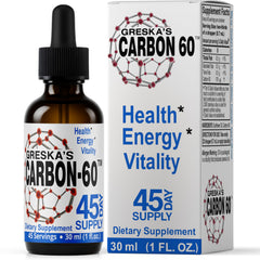 Greska's Carbon-60 bottle label highlights purity and solvent-free formula.