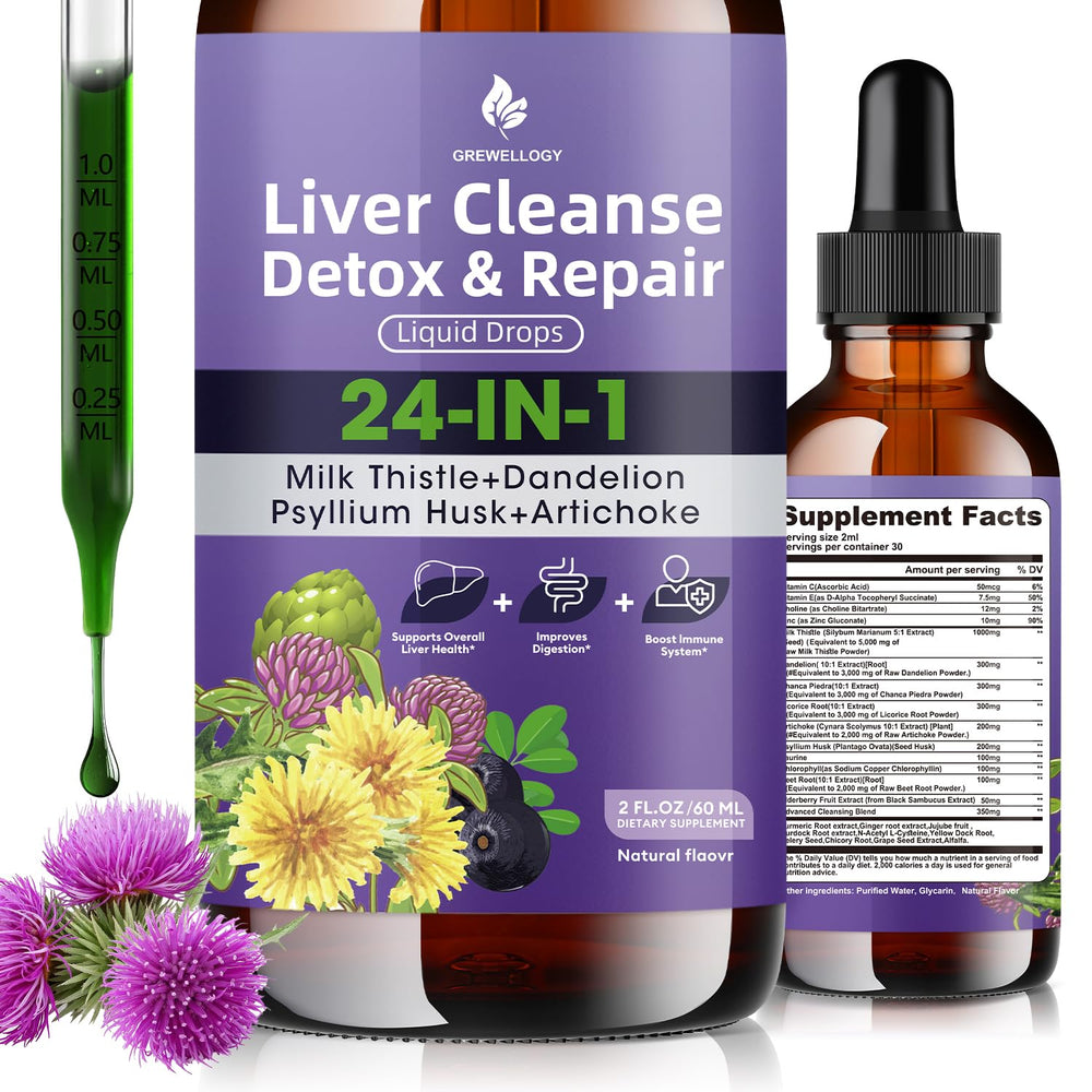 Grewellogy Liver Cleanse bottle with 24-in-1 drops for daily detox support