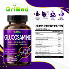 GriMed Glucosamine collagen complex capsule showing holistic bone and cartilage support.