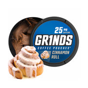 GRINDS Cinnamon Roll coffee pouches can front, convenient daily energy on the go.