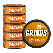 GRINDS coffee pouches caramel can six-pack, convenient on-the-go energy