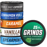 Grinds coffee pouches caramel can for on-the-go energy boost.