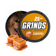 GRINDS Caramel coffee pouches package front with 18 pouches per can.