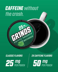 Grinds coffee pouches cinnamon roll can, cozy flavor pick-me-up.