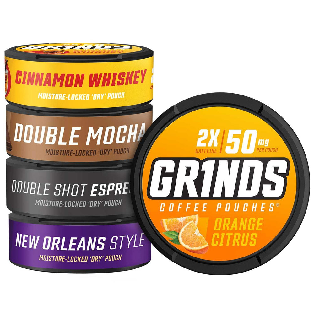 GRINDS Double Mocha coffee pouch for on-the-go energy.