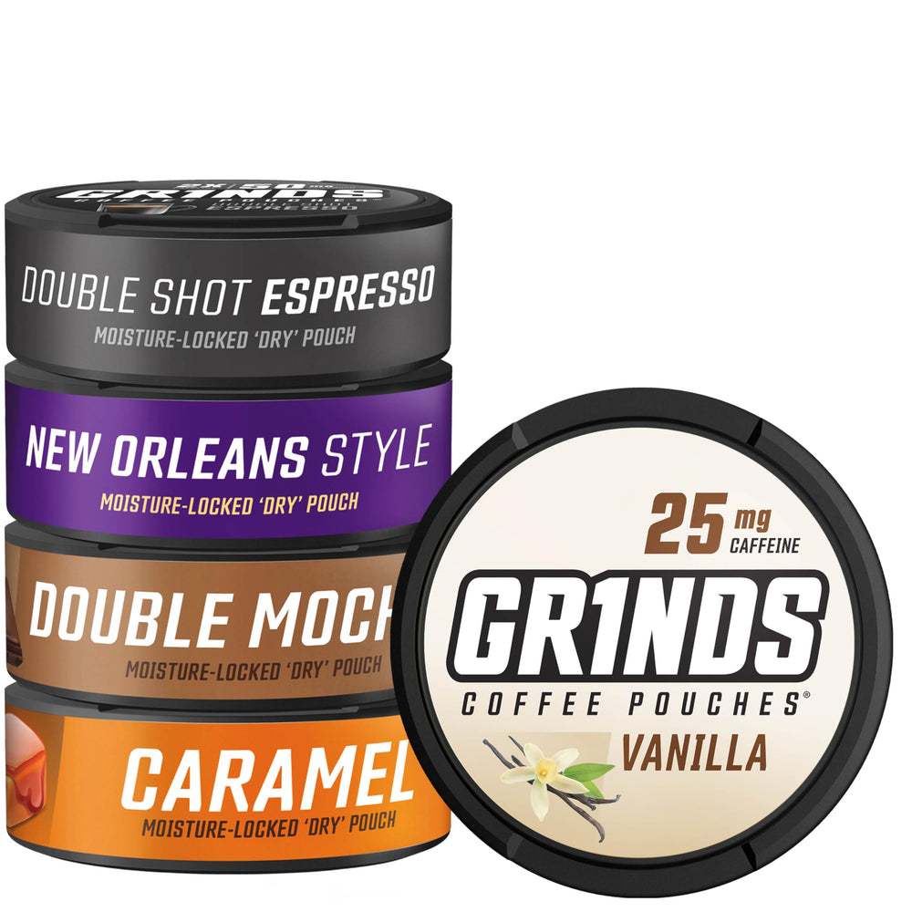 GRINDS coffee pouches sampler pack for on-the-go flavor discovery.