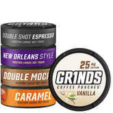GRINDS coffee pouches sampler pack for on-the-go flavor discovery.