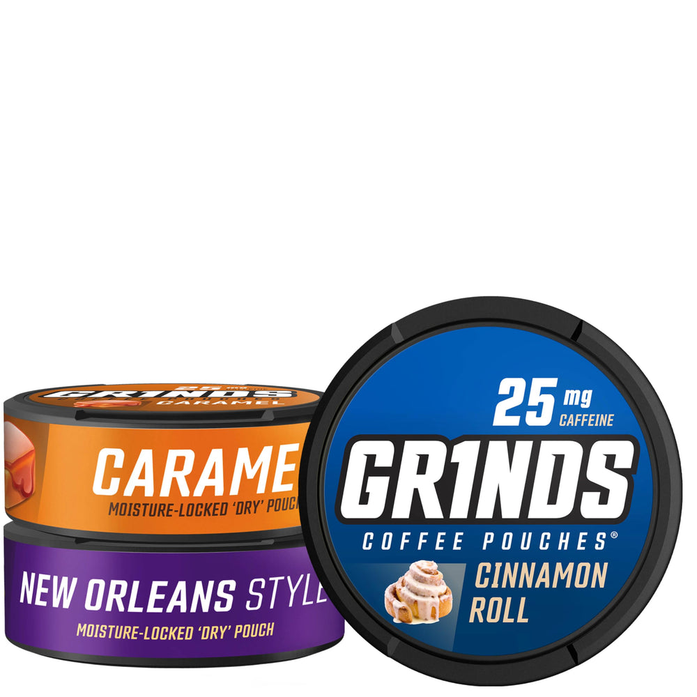GRINDS coffee pouches three flavors sampler - convenient, mess-free energy on the go.