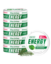 GRINDS Energy Pouches wintergreen can showing 80 mg caffeine and zero calories