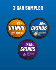 GRINDS new-3-can sampler can front - try all flavors in a compact pack.