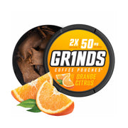 Grinds Orange Citrus pouch front with bold branding for on-the-go energy