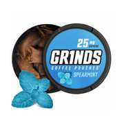 GRINDS Spearmint can-front – nicotine-free energy option for busy mornings.