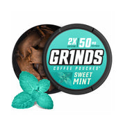 GRINDS Sweet Mint energy pouch closeup emphasizes refreshing mint flavor and ease of use
