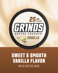 GRINDS Vanilla Coffee Pouches showcase dry moisture-lock protection for flavor.