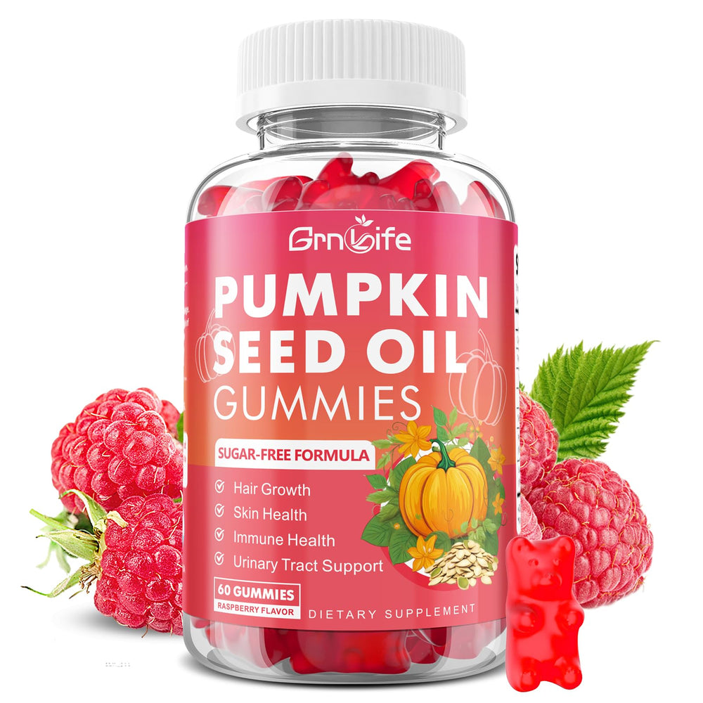 GrnLife pumpkin seed oil gummies bottle front offers daily hair and skin support