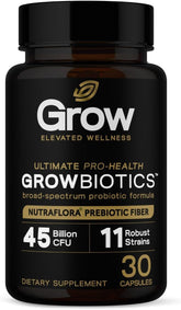 GrowBiotics bottle on counter showing daily gut balance and ease of use