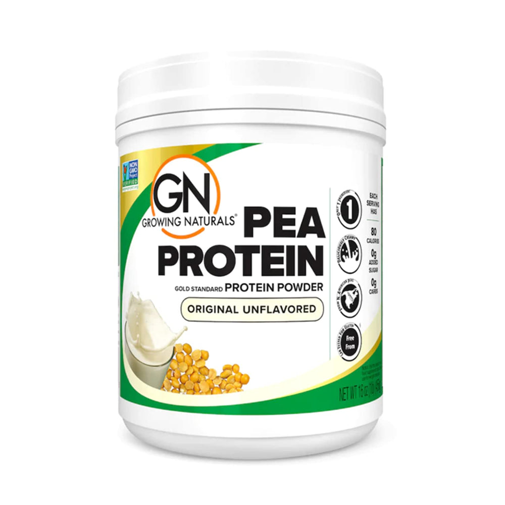 Growing Naturals raw pea protein powder bag front, vegan protein option for shakes