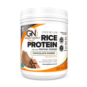 Growing Naturals rice protein chocolate tub for shakes and smoothies.