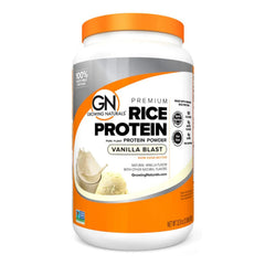 Growing Naturals rice protein front packaging highlights organic allergen-friendly nutrition for meals