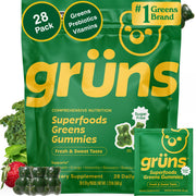 Grüns adult sugar-free super greens gummies in strawberry pack promote daily wellness and energy.