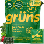 Grüns Adults Super Greens gummies bottle showing colorful vitamins for daily energy.