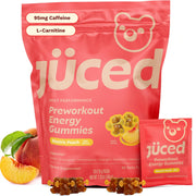 Grüns Juced electric peach bottle showcases convenient gummy preworkout for on-the-go energy.