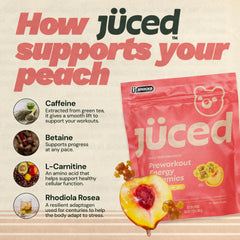 Grüns Juced electric peach gummies closeup reveals chewy texture and clean ingredients.