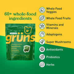 Grüns 10-pack packaging of Sugar-Free Super Greens Gummies on counter