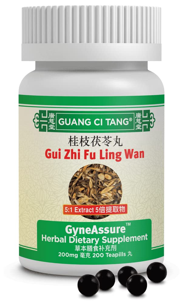 Guang Ci Tang GUI Zhi Fu Ling Wan, etiqueta de la botella, apoyo al bienestar diario.