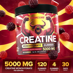 GUMCORE Creatine Monohydrate Gummies close-up showing chewy texture and purity for performance.