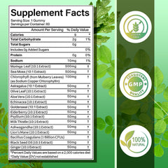 GUMTRACT Moringa Gummies label close-up showing 16-in-1 complex for balanced nutrition.