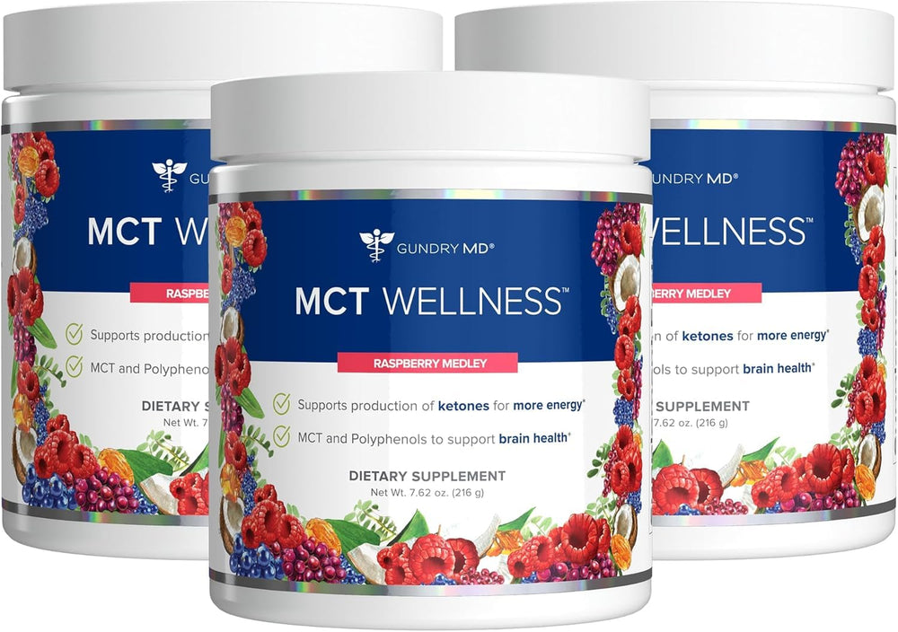Gundry MD MCT Wellness Raspberry Medley powder tub for daily energy support.