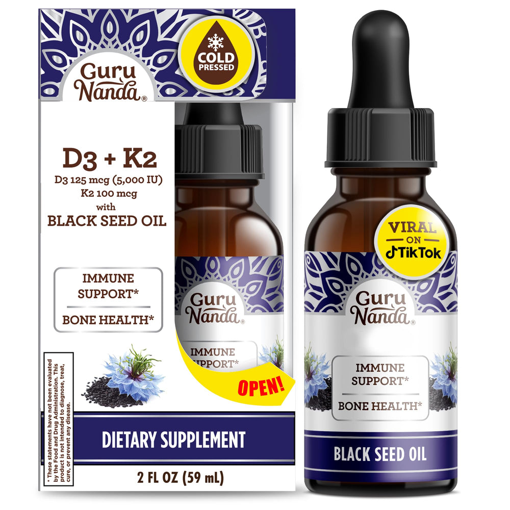 GuruNanda Black Seed Oil bottle in amber glass highlighting antioxidant-rich formula for daily immune support.