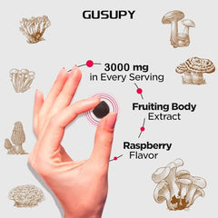 GUSUPY twelve-mushroom blend label highlights diverse adaptogenic ingredients.