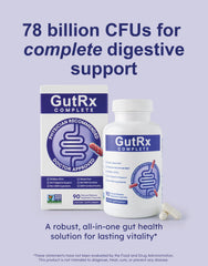 GutRx Complete bottle back label highlighting 78B CFU and enteric coating.