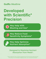 GutRx Mealtime ingredients label shows enzyme blend for carbs, fats, and proteins.